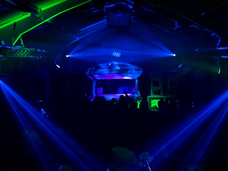 An event at Dryad Works, the whole place is full of people dancing.