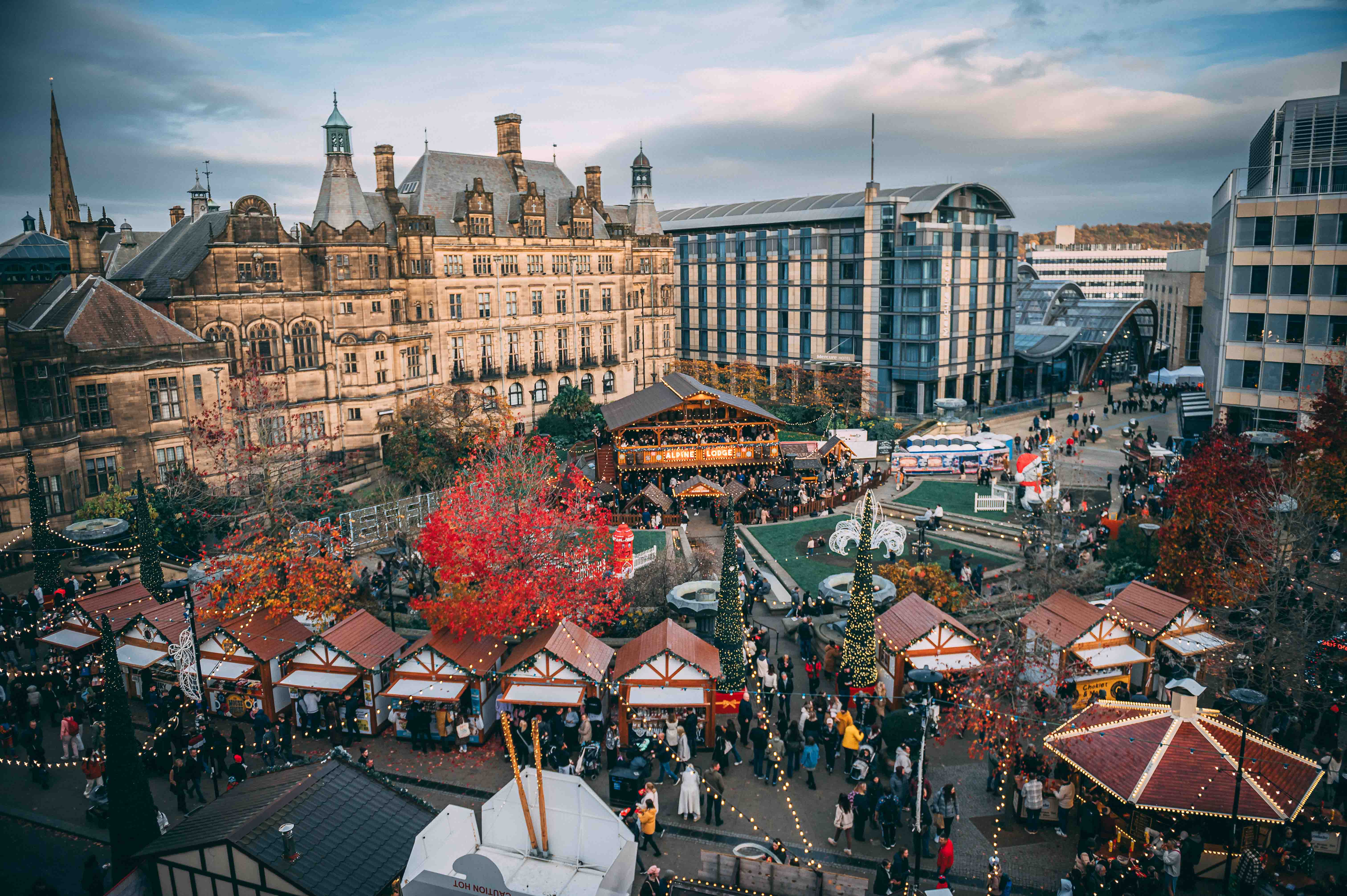 A view of the Christmas Market set up round the Peace Gardens in the centre of Sheffield. 
