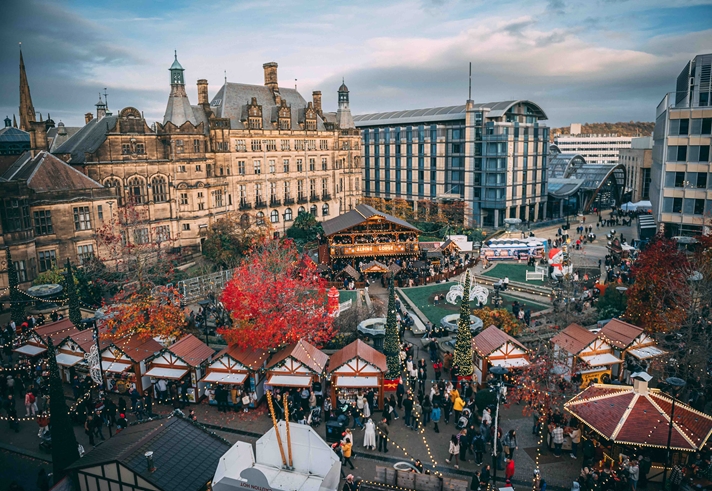 A view of the Christmas Market set up round the Peace Gardens in the centre of Sheffield.