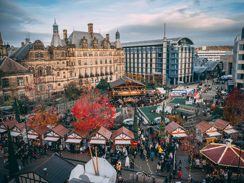 A view of the Christmas Market set up round the Peace Gardens in the centre of Sheffield.