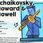 Poster for the event, listing the details, along side an illustration of a person playing a trombone.