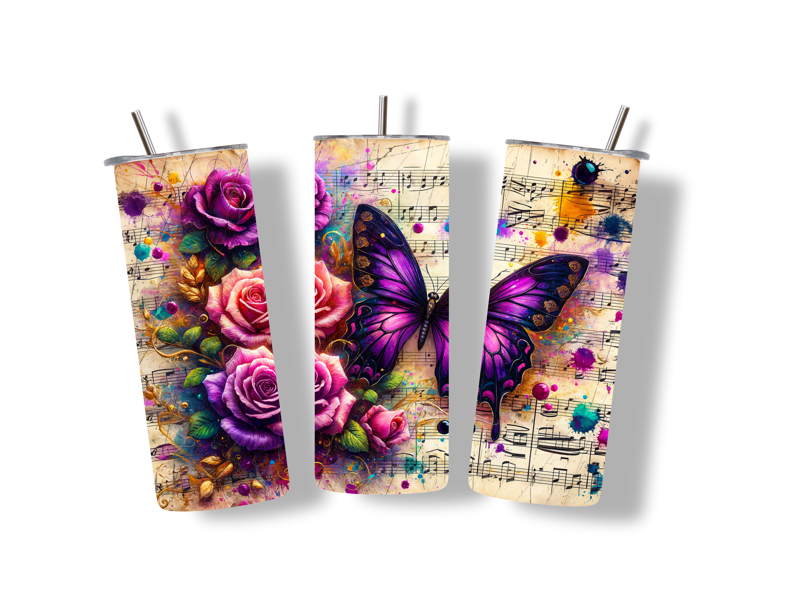 Three tall stainless steel tumblers with metal straws, decorated with vibrant designs of purple butterflies, pink and purple roses, and colorful paint splashes over a musical notes background. The artwork has a bold, artistic feel.