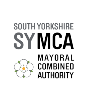 Logo for South Yorkshire Mayoral Combined Authority. It features the text “SOUTH YORKSHIRE” in gray, “SY” in bold gray, and “MCA” in bold black. Below, the words “MAYORAL COMBINED AUTHORITY” appear in black uppercase letters. A white rose with green leaves and a yellow centre is positioned to the left of the text.