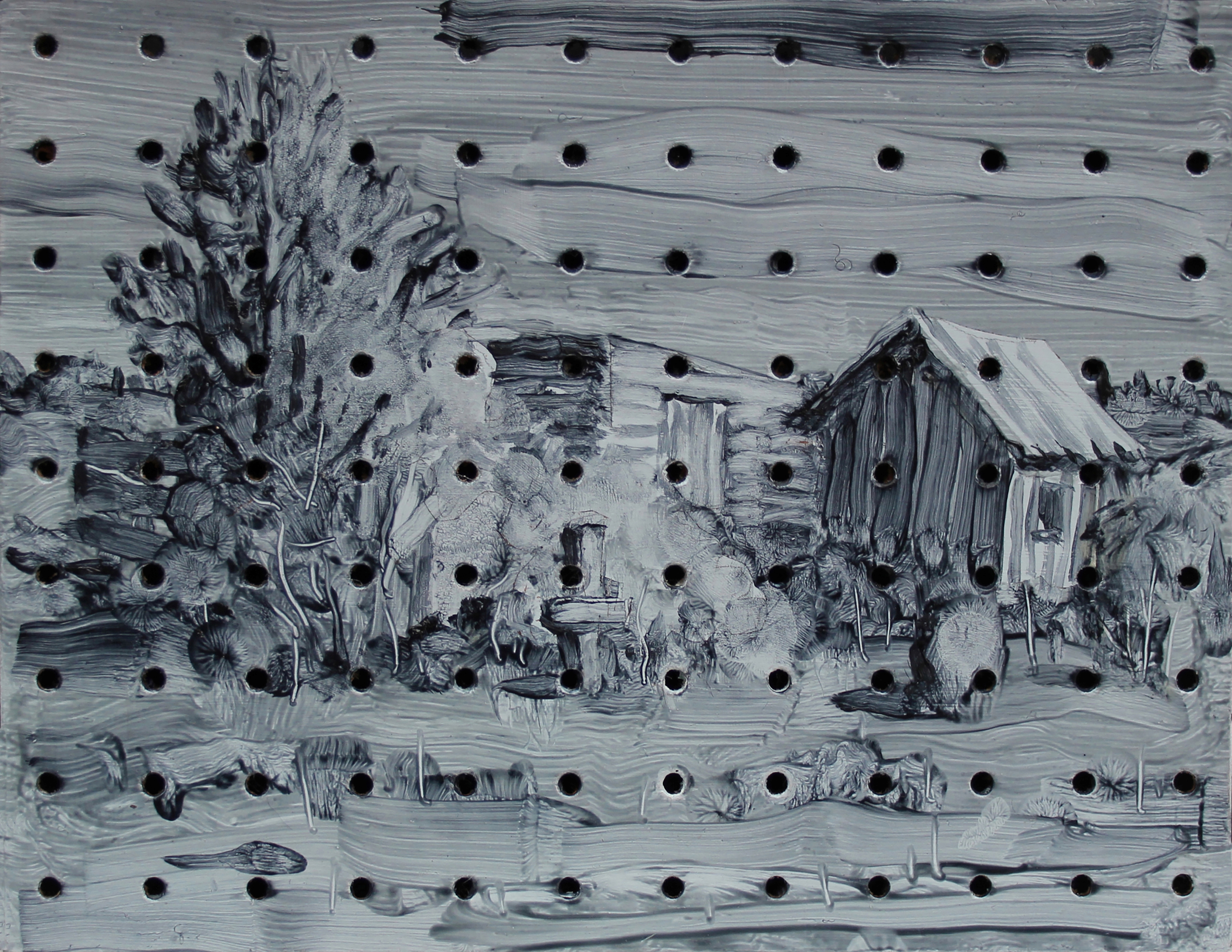 A painting of an old shack in a wooded area by Graham Crowley .