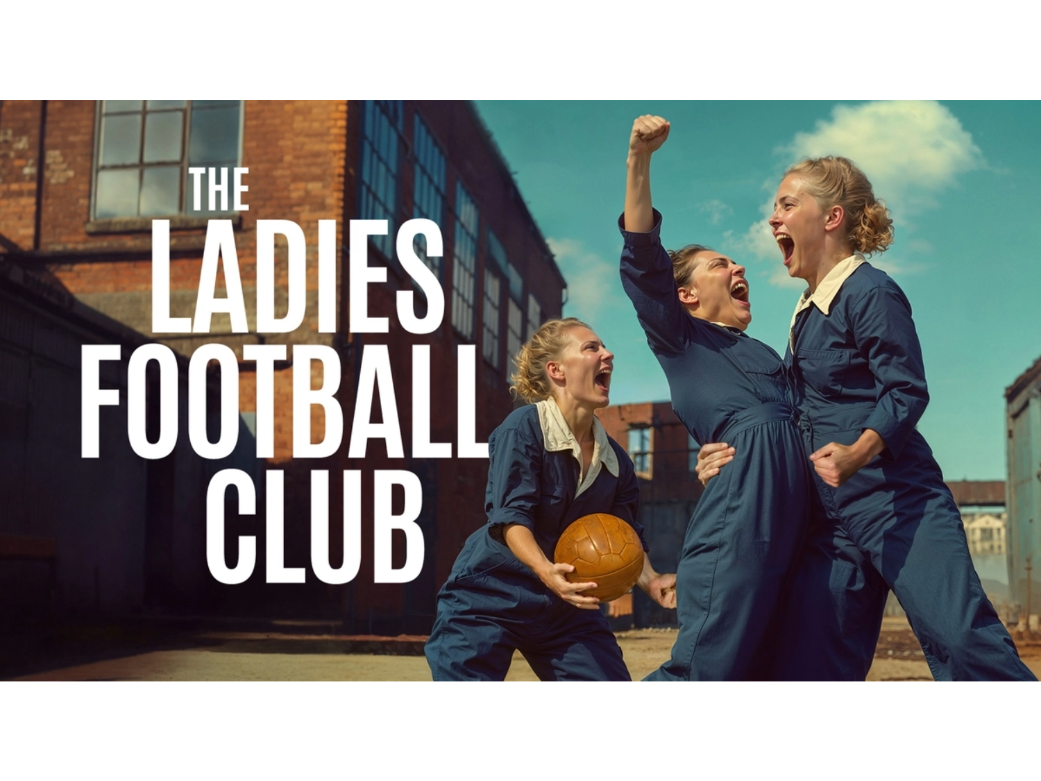 In the courtyard of a factory, three people wearing blue boiler suits scream with joy and triumph. One holds a brown leather ball, one punches the air and one grabs the other's waist. Text reads: THE LADIES FOOTBALL CLUB