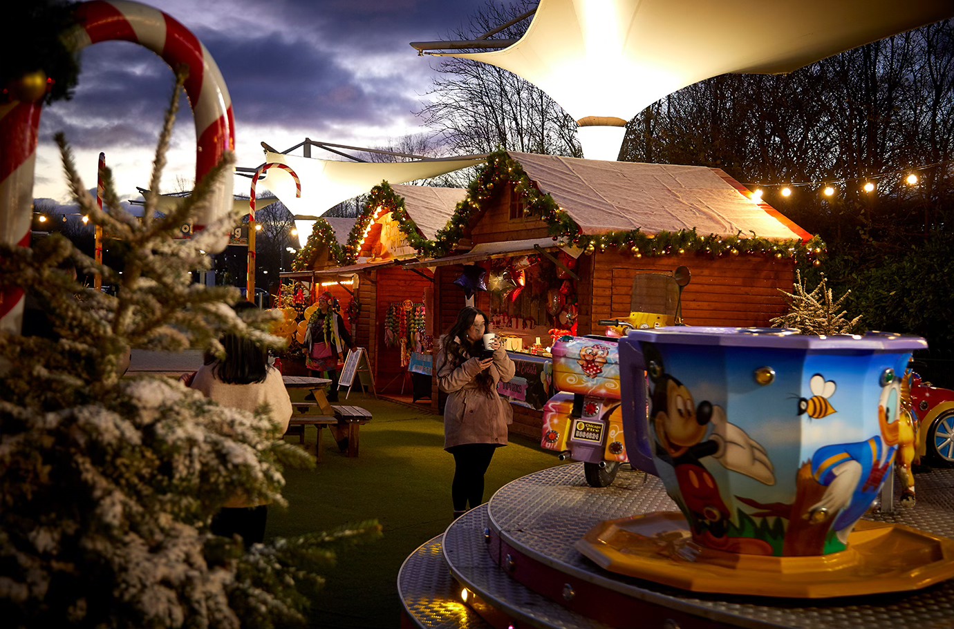 Festive huts lit up in the Christmas Village at Meadowhall's Magical Winterland 