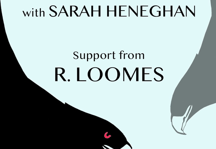 Poster for the event listing the details and an illustration of two birds of prey on a pale blue background.