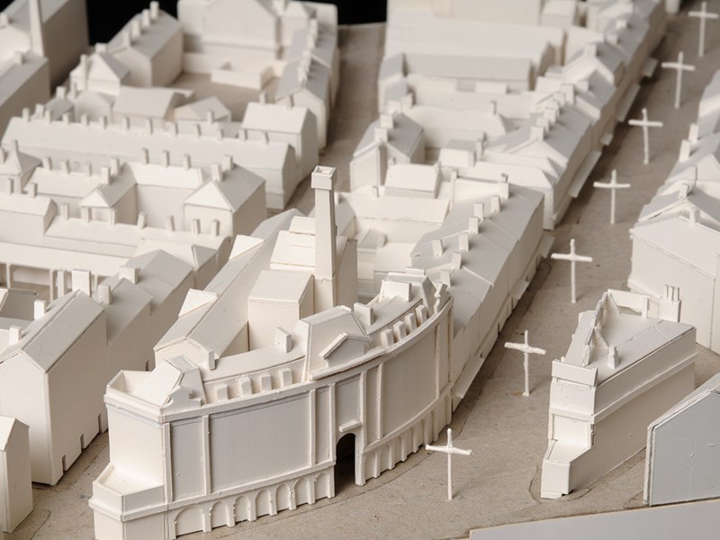 An architects model of city buildings.