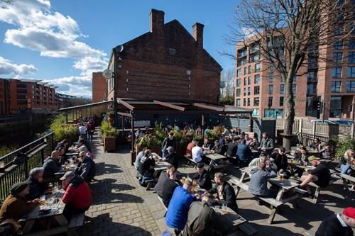 Busy beer Garden at The Riverside pub in Kelham Island