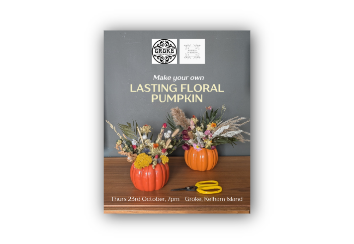 Poster for the event with two floral displays in ceramic pumpkin vases.